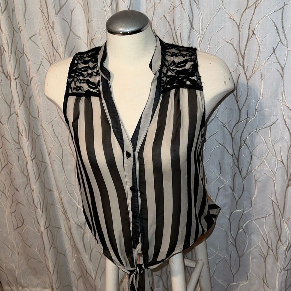 Sheer crop top gray and black tie front.